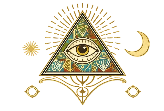 Golden pyramid with an eye, sun rays and crescent moon