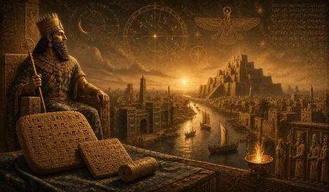 Illustration of a Sumerian scribe before a glowing city