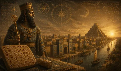 Illustration of a seated Sumerian figure before a ziggurat