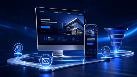 Desktop, tablet and phone showing a business website in blue light