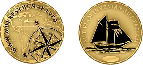 Two gold coins, one with a compass rose and one with a sailing ship